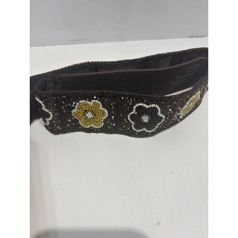 VTG India Beaded Floral Leather Belt Womens Medium Brown Gold Boho Wide Waist